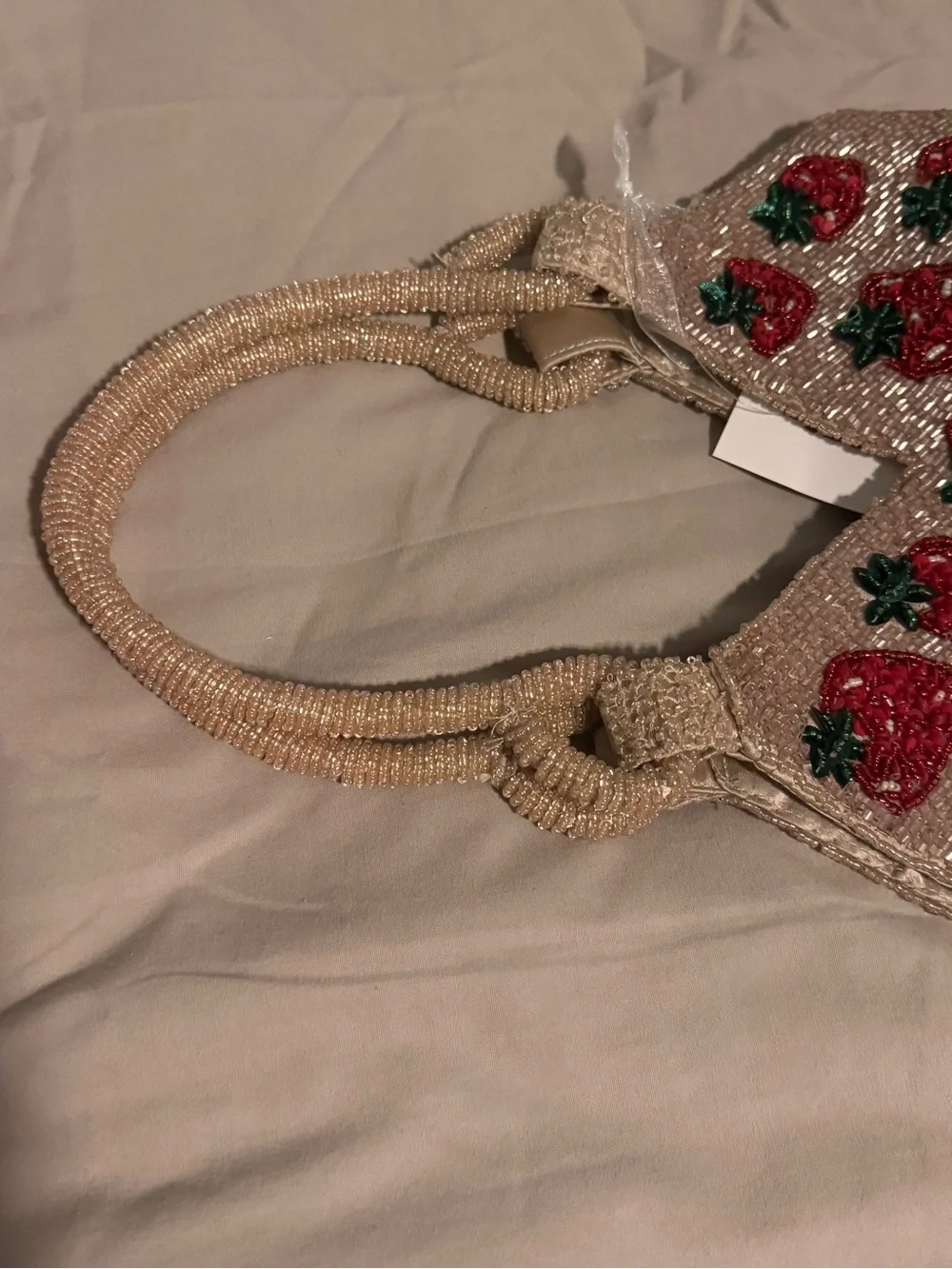 Handcrafted in India - Beaded Strawberry Shoulder Bag in Beige with Red Accents